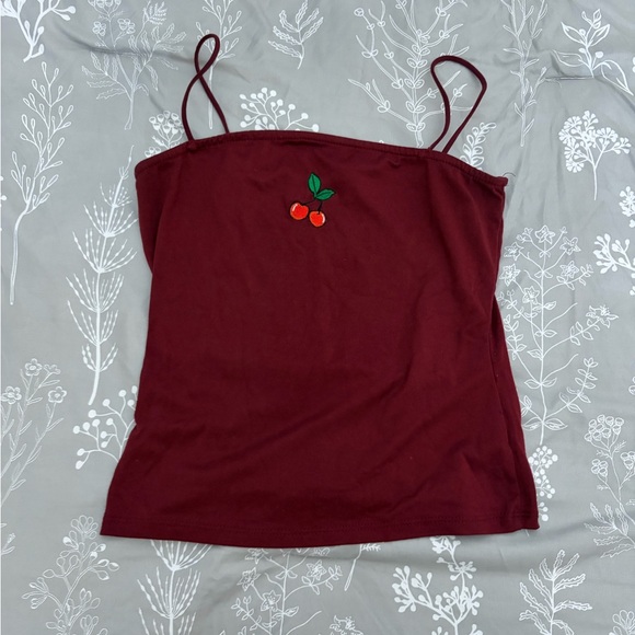 Belle Tweed Tops - Burgundy Cherry Embroidered Spaghetti-Strap Cami